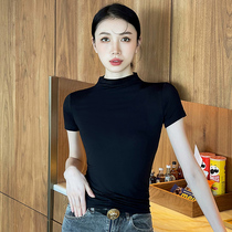 Black t-shirt female half height collar short sleeve pure cotton 2022 spring summer new inner hitch undershirt tight with half sleeve blouse