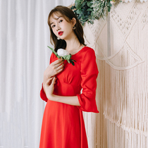  Autumn simple satin temperament square collar slim-fitting dress can usually be worn by the bride back to the door to toast the engagement dress everyday