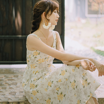 21 summer new French retro floral Hipster white sling Platycodon Super fairy ins holiday dress