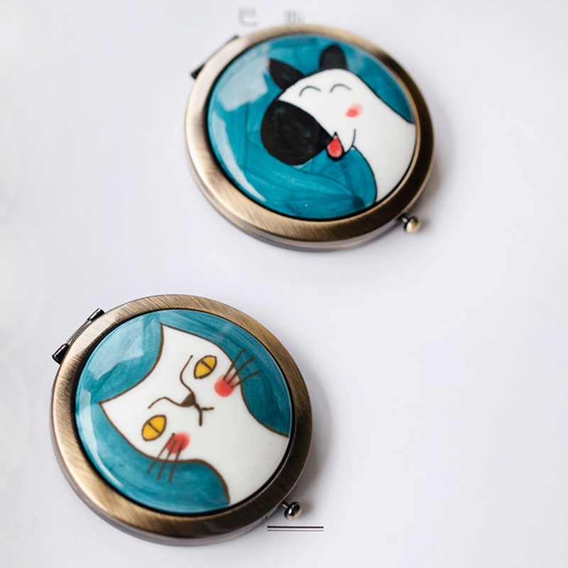 Original hand-made ceramic cartoon exquisite small mirror female cute portable makeup mirror foldable high-end makeup mirror