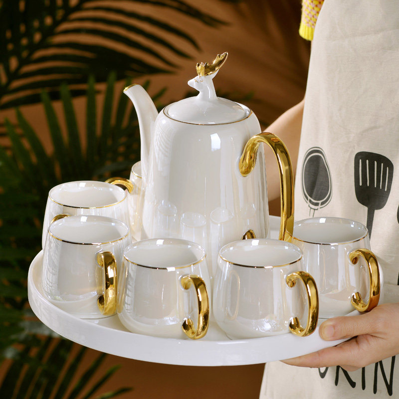 Pearlescent White Spin Turntable Sketching High Gloss Pearl Glazed Ceramic North European Style Brief Home Whole Set Tea Set-Taobao