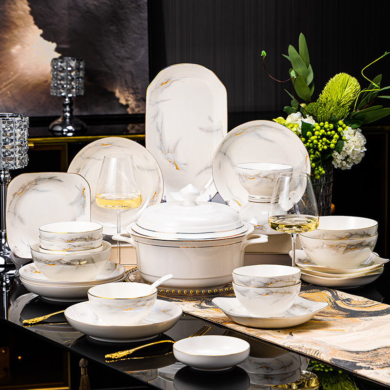 Marble-Patterned Bowl and Plate Set for Home Use, Light Luxury High-End Style Rice Bowls, Jingdezhen Ceramic Tableware Bowl and Plate Set for Home Use