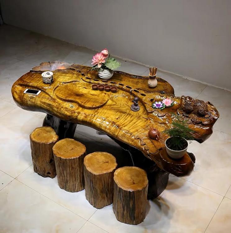 Bộ ấm trà bằng gỗ rắn Jinsi Nanmu gốc khắc bàn trà nhà ban công Kung Fu bộ trà gốc cây trà Haigen khắc bàn cà phê - Các món ăn khao khát gốc Ghế đôn gốc cây