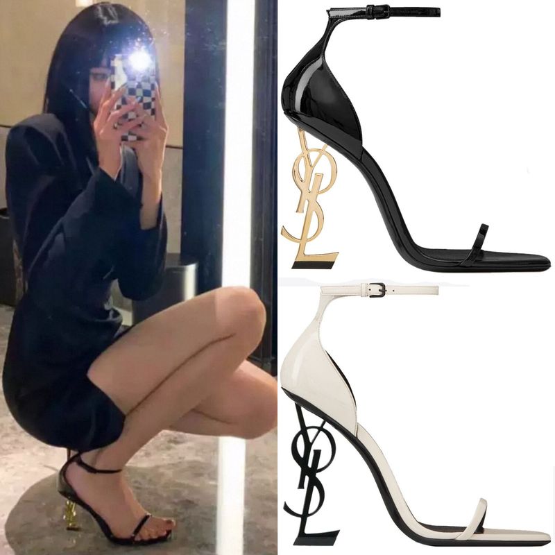 High-End French Style New Yangshulin Fashion High-Heeled Sandals with Metal Heel, Single Strap, Lettered Open-Toe Patent Leather Women's Shoes