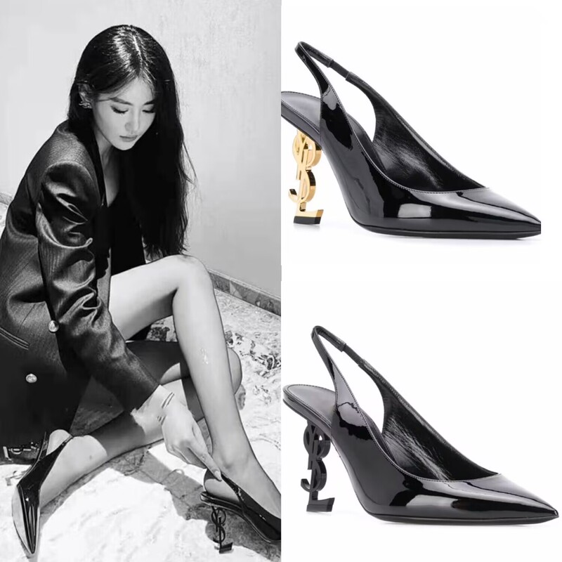 High-End French-Style New Yangshulin High-Heeled Shoes Patent Leather Metal Letter Heel Sandals Closed-Toe Backless Party Women's Shoes