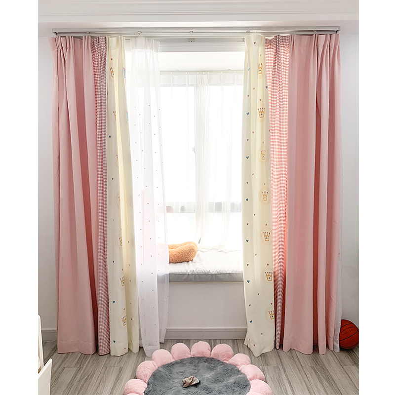 Small Crown Sweet Girl Child Girl House Bedroom Splicing Pink Plaid Cartoon Curtain Custom Finished Product