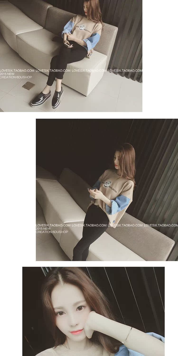 Mùa xuân 2019 mới của phụ nữ Hàn Quốc áo khoác cổ tròn denim khâu tay áo thun dài tay áo len học sinh lỏng lẻo - Áo len áo kiểu nữ de thương