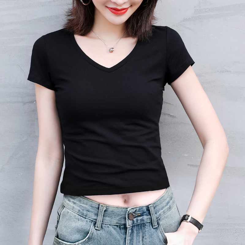 Navel-Baring Short T-Shirt for Women, Short-Sleeved, 2026 Summer New Style, Sexy Tight-Fitting V-Neck Black High-Waisted Base Shirt for Women