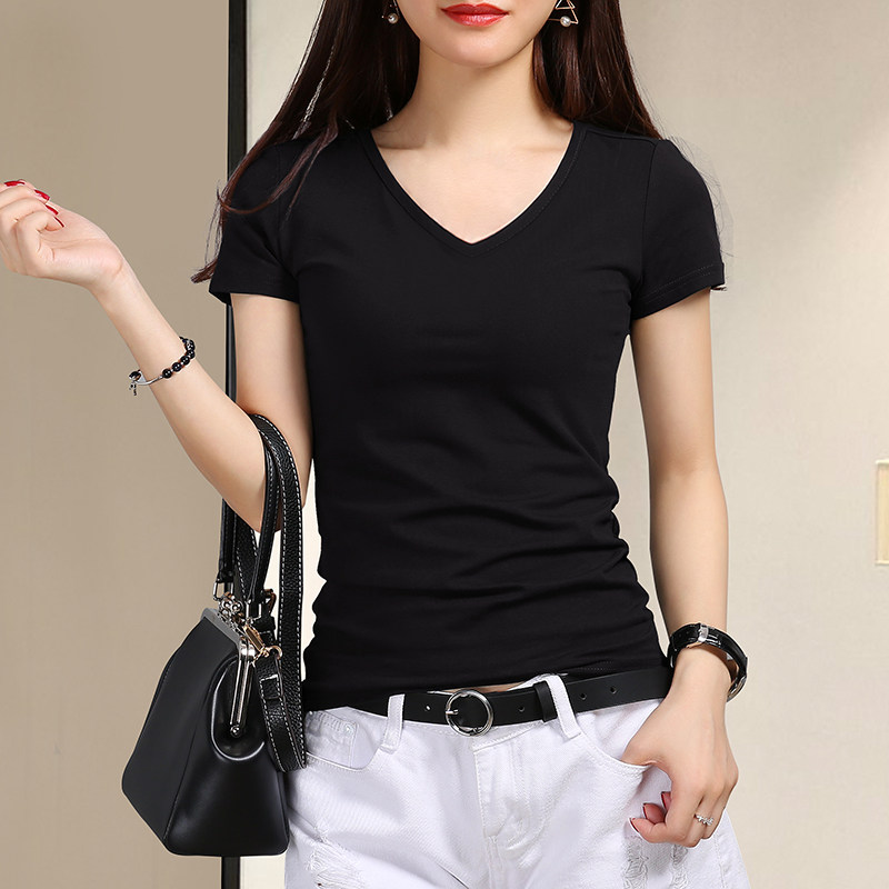2021 summer black T-shirt women short sleeve V collar white solid color tight body chicken heart base shirt with cotton coat