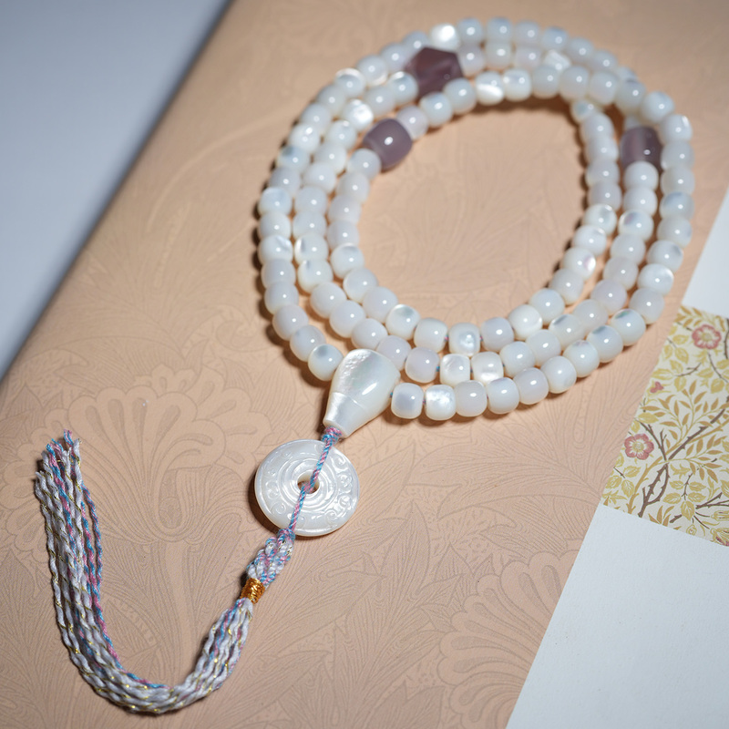 Original Tibetan-Style Fishbone Old-Style 108 Beads Prayer Beads Made of Purple Ice Agate and Australian White Mother-Of-Pearl, Rare Size