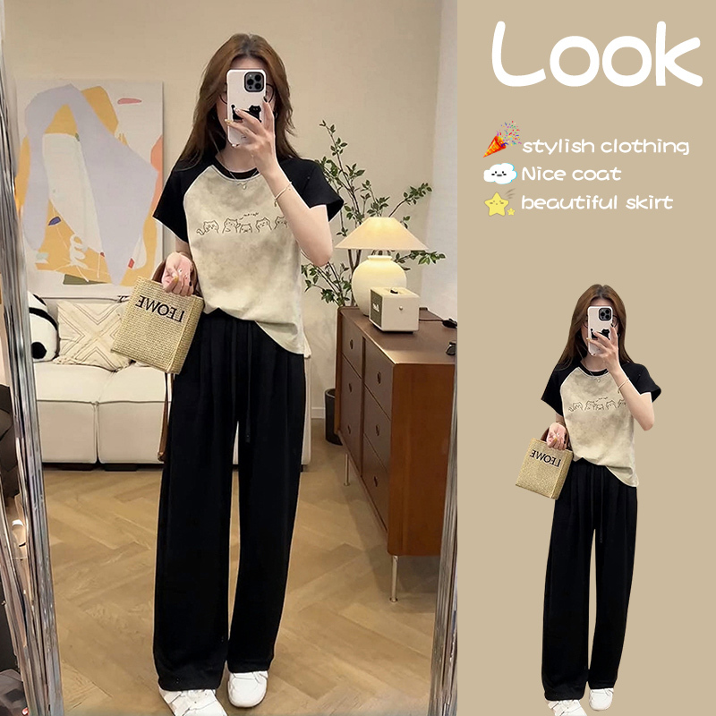 Milk-Style Summer Outfit, Fashionable and Elegant Raglan Sleeve T-Shirt with Kitten Print, Slimming and Drapey Wide-Leg Casual Pants