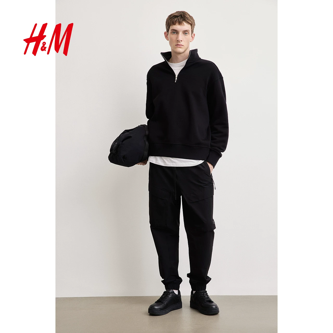 HM men's and women's thick T-shirt with velvet stand-up collar, loose American style lazy heavy pullover top 1245648