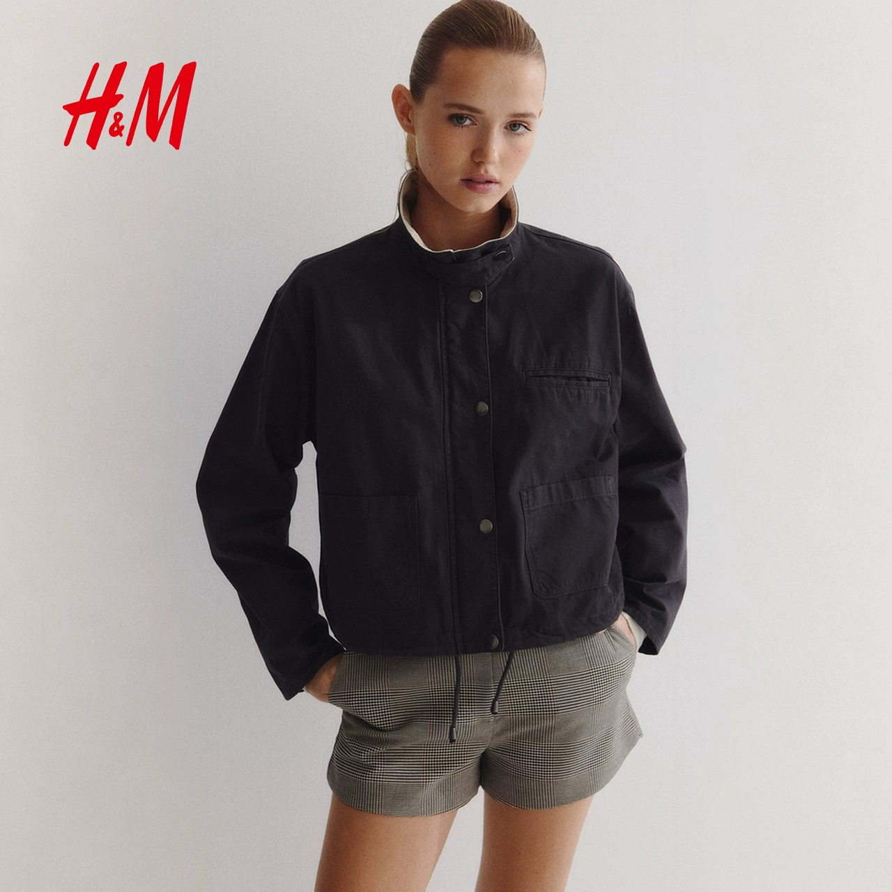 Короткая женская куртка H&M, канвас с вельветовым воротником, ретро-рабочий стиль