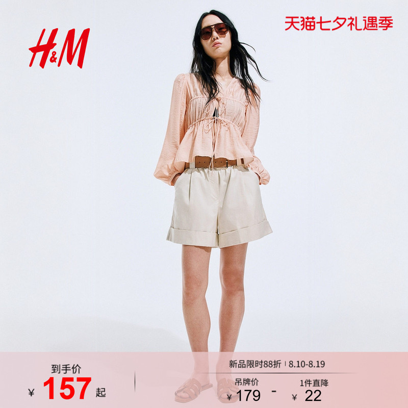 Hm Women's Shirt 2026 Summer New Style Tie-Neck Fashion Front Tie Pleated Top 1344102