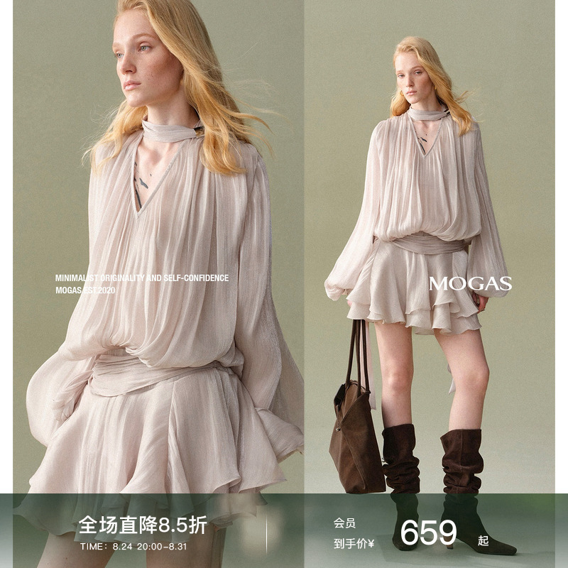 Mogas Slightly Translucent Starry Glossy Texture V-Neck Ribbon Double-Layer Lace Lantern Long-Sleeve Short Dress for Women Summer
