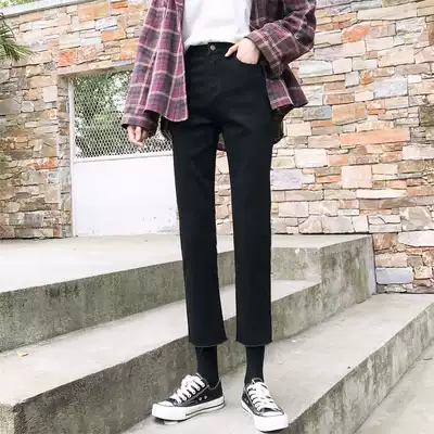 Jeans women's straight loose 2021 new spring and summer small man high waist thin wild wide leg black pants