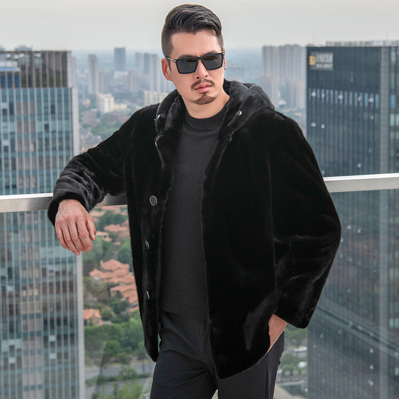 Winter new imported mink coat men's whole mink velvet mid-length mink coat button hood casual style