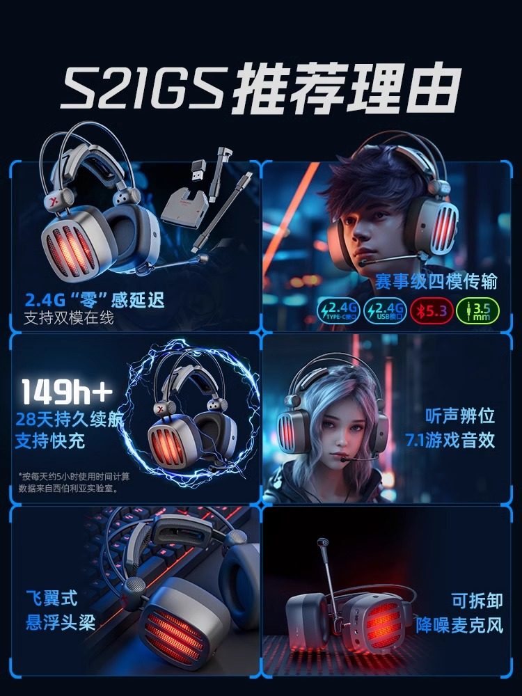 Siberia S21Gs Wireless Bluetooth Headset 2.4g Gaming Over-Ear E-Sports Headset for Mobile Phones and Tablets