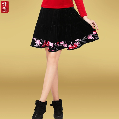 纤伽 Демисезонная бархатная юбка, танцующая мини-юбка, для среднего возраста