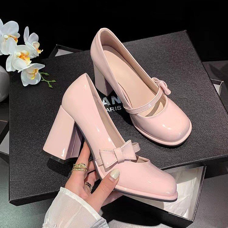 New High-Heeled Pink Square-Toe Shoes with Thick Heels, Shallow Mouth, Sweet Bow-Knot Single Shoes for Women