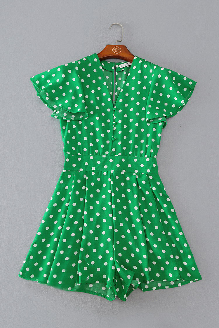 N64 Spanish DAN Fried Chicken Show White Playful Polka Dot Ruffle Embellishment Waist Slim Jumpsuit