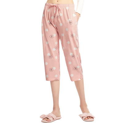 Three-gun pajama pants home pants women's summer cotton comfort cotton women's trousers printed elastic belt elastic cotton home trousers