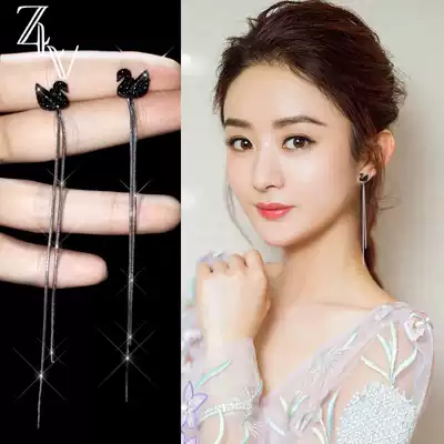Ear needle 925 sterling silver Black Swan tassel light luxury ear refining female Japanese and Korean temperament Net red earrings long version Joker earrings