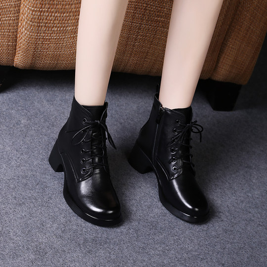 娇奇莎马丁靴女春秋英伦风单靴系带短靴女真皮女鞋秋冬中跟皮鞋