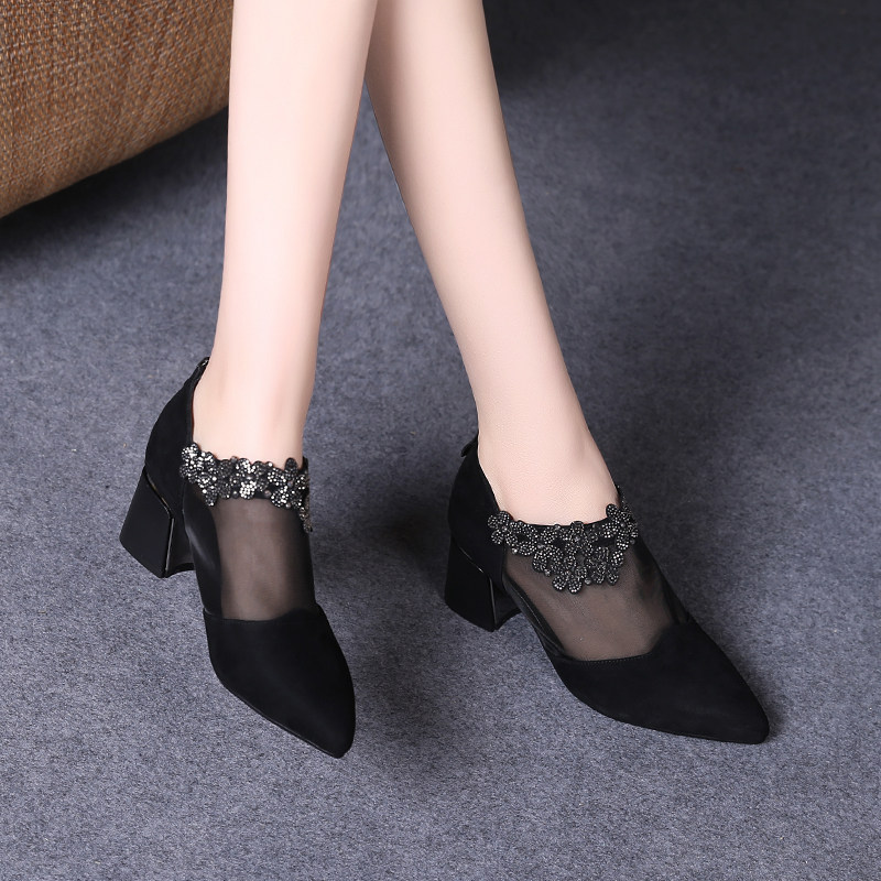 2022 new spring summer hollowed-out women's shoes summer style coarse heel single shoe female mesh yarn high heel shoe soft leather with real leather shoes