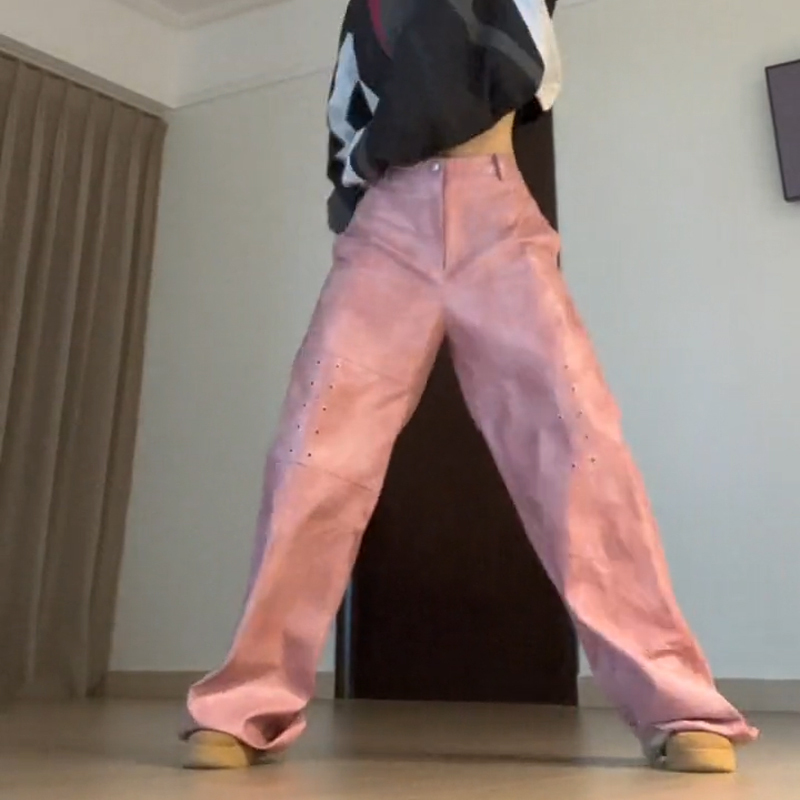 2023 Autumn/Winter Vintage Patchwork Pu Pants, Distressed Loose Split Straight Wide-Leg Light Pink Floor-Length Trendy Leather Pants