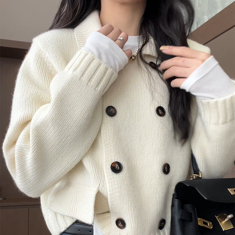 高級ホワイトセータースーツジャケット、女性用秋冬2024新作、厚手ラペルダブルブレスト、厚手トップ