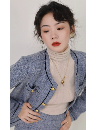 Синяя юбка, комплект, осеннее платье, в стиле Шанель, изысканный стиль, коллекция 2021, осенняя