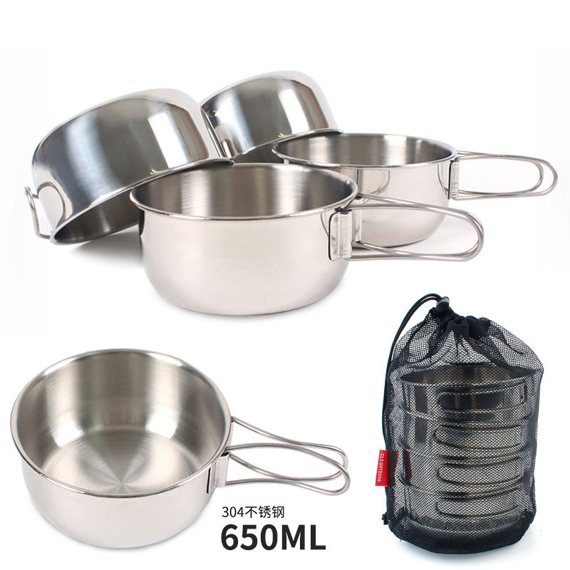 Outdoor 304 stainless steel cup bowls climbing portable 5 pieces of wok camping picnic barbecue travel fishing cutlery rice bowls