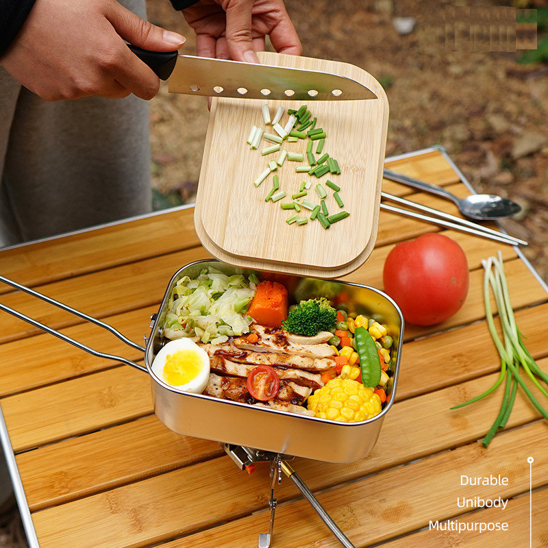 304 Stainless Steel Lunch Box Outdoor Bamboo Wood Cutting Board Cover Lunch Box Camping Barbecue Soup Pot Portable Picnic Lunch Box