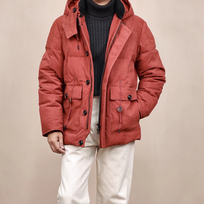 Polar Adventure Warm Genuine Leather Nubuck Calfskin Goose down Jacket Men's Mid-Length Hooded Parka Coat
