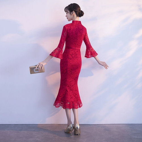 Весеннее вечернее платье, красный лонгслив, кружевное ципао, коллекция 2021, крой «рыбий хвост», по фигуре
