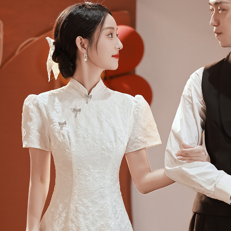 White Cheongsam Dress, Light Luxury, Niche, High-End, Suitable for Marriage Registration, Engagement, Chinese-Style Dress, Elegant Adult Ceremony Dress