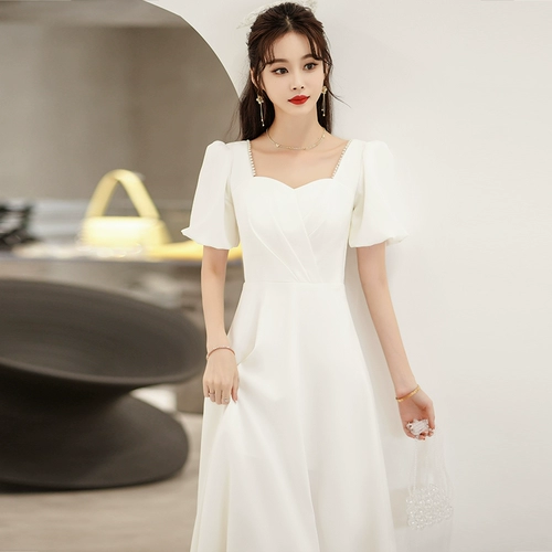 Белое осеннее вечернее платье, элитная юбка, французский стиль, квадратный вырез