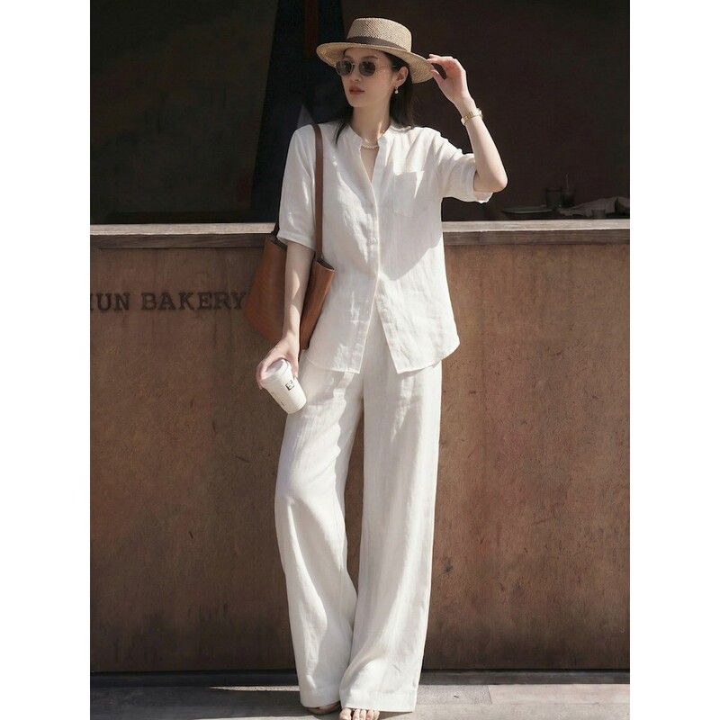 Authentic Luxury Fashion Summer Minimalist Relaxed Set with a High-End Feel, Including a Shirt and Wide-Leg Pants, Two-Piece Sportswear Set
