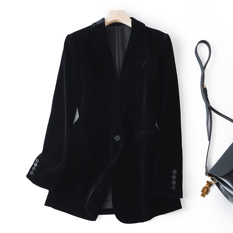 Imported Silk Black Swan Velvet Luxurious Glossy Spring and Summer Slim Fit Mid-Length Long-Sleeved Blazer for Women