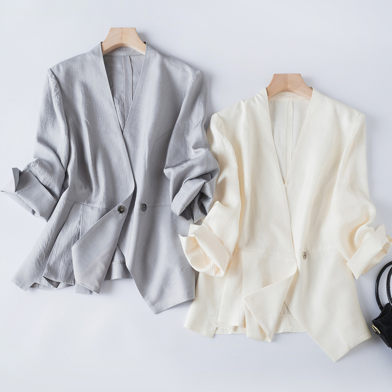 Summer Ultra-Thin 100% Acetate Mandarin Collar Tailored Waist Irregular Design Three-Quarter Sleeve Sun Protection Blazer Summer Ultra-Thin 100% Acetate Mandarin Collar Tailored Waist Irregular Design Three-Quarter Sleeve Sun Protection Blazer
