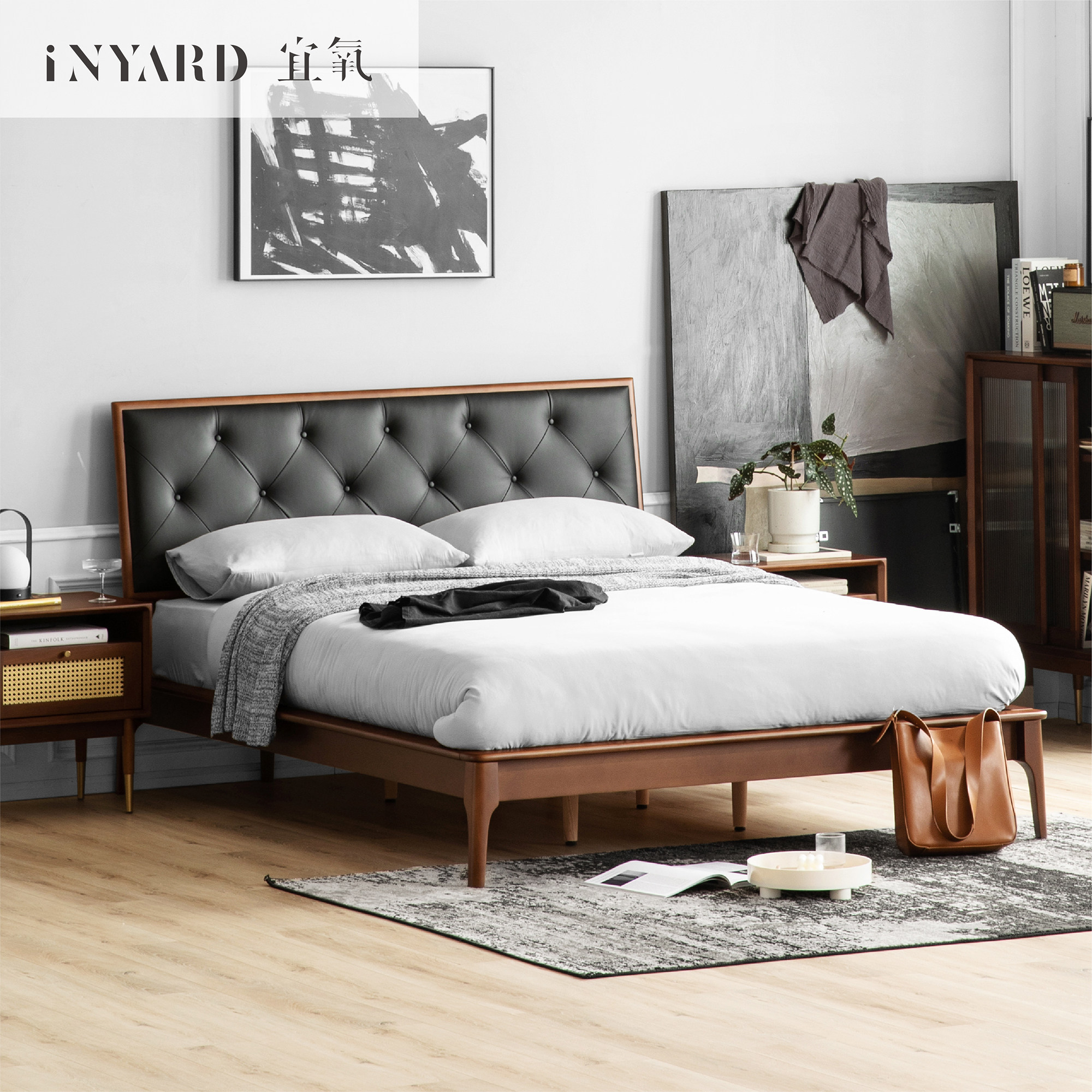 InYard oxygen] Pisco bed First layer cowhide beech solid wood modern simple light luxury master bedroom leather bed