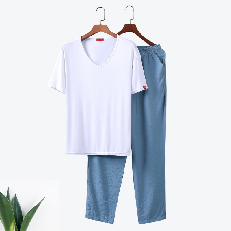 Summer pyjamas male thin style Japanese style ice silk home clothes available for relaxation youth short sleeve long pants home suit suit