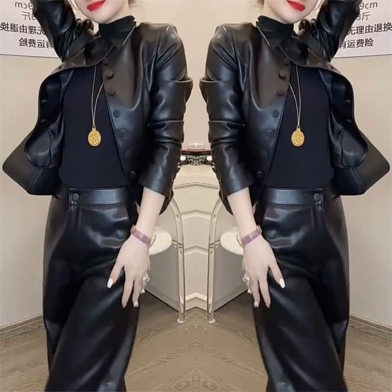 Trendy and Stylish Women's Outfit Set 2025 Spring New Fashion Loose Slimming Leather Jacket High-Waisted Leather Pants Two-Piece Set Trendy and Stylish Women's Outfit Set 2025 Spring New Fashion Loose Slimming Leather Jacket High-Waisted Leather Pants Two-Piece Set
