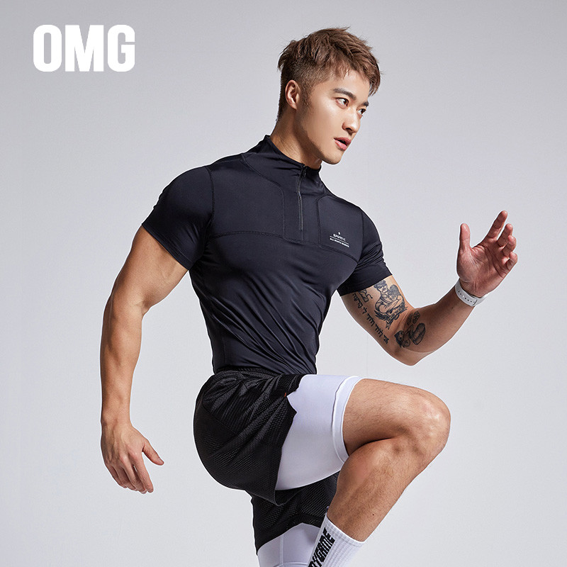 OMG tide brand nylon high elastic professional quick-drying short-sleeved fitness clothes men's sports T-shirt turtleneck tights - Taobao