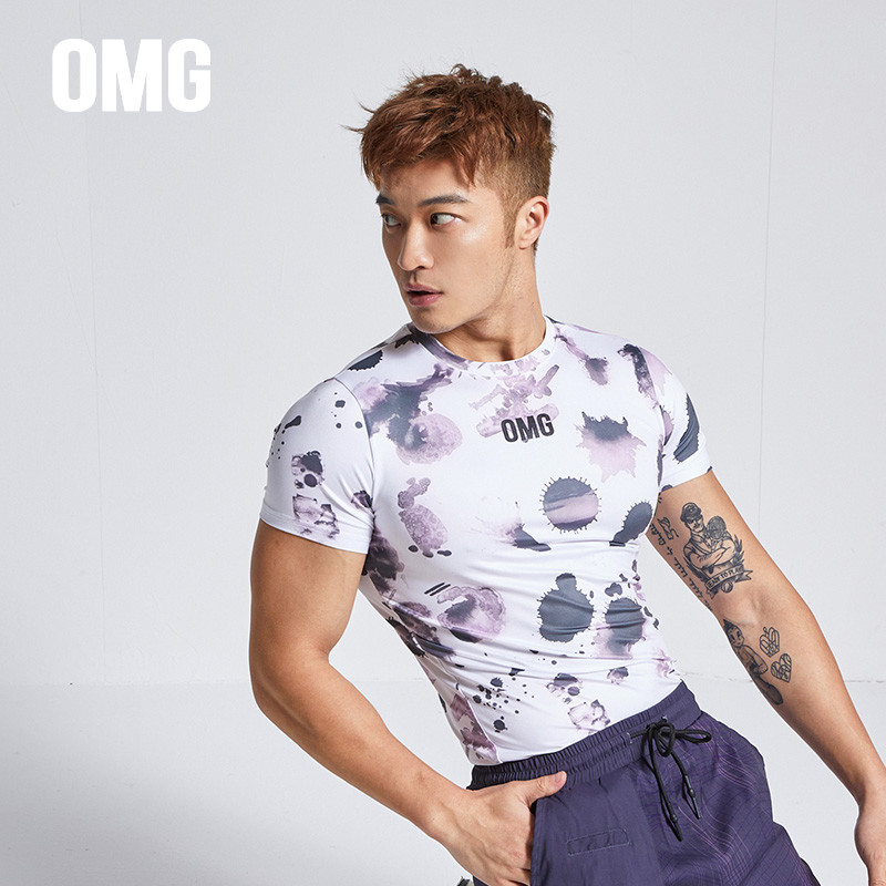 OMG tide brand splash ink thin elastic training fitness clothes men's short-sleeved sports T-shirt running quick-drying tights