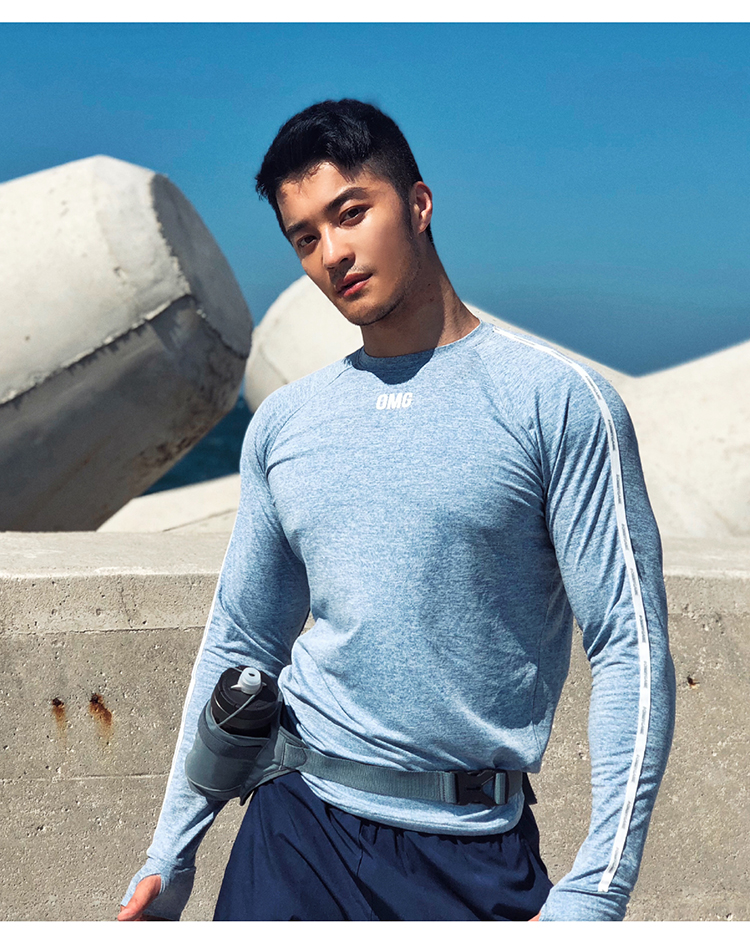OMG2018 mùa thu mới nguyên bản của áo thun thể thao nam dài tay cổ tròn giản dị áo thể dục co giãn thoáng khí áo thun tập gym nam