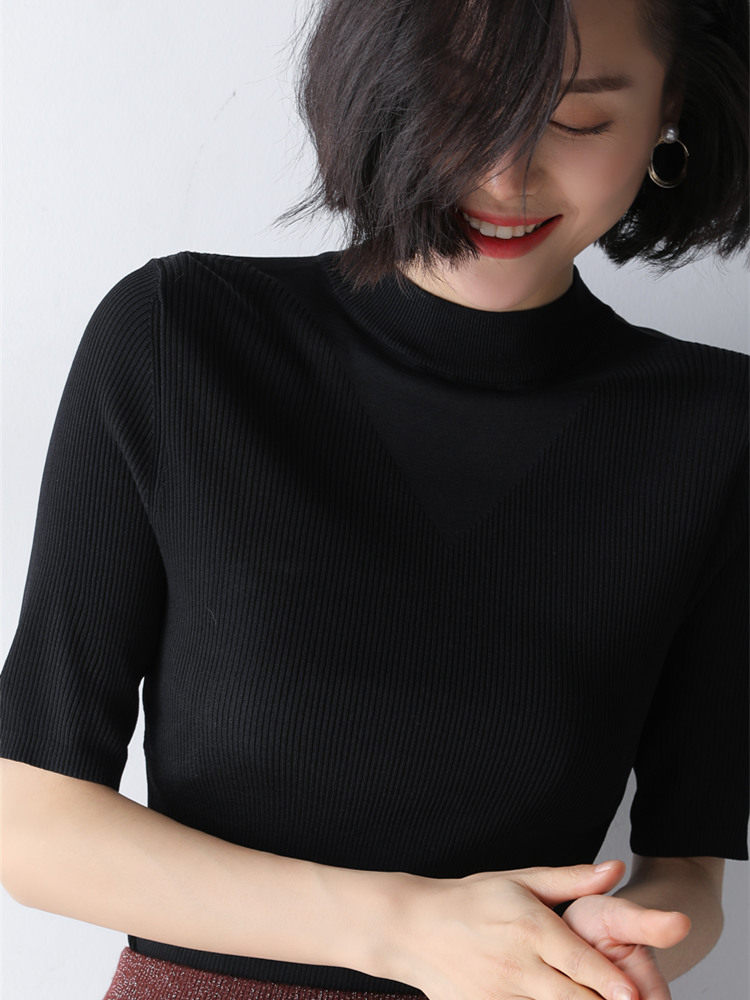 Spring five - sleeve ice wire knitted shirt and fix the 2022 new semi - tall collar blouse black thin coat
