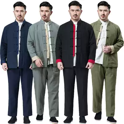 Chinese style Tang suit men's youth jacket Chinese Hanfu middle-aged and elderly casings men's cotton and linen jacket three-piece suit