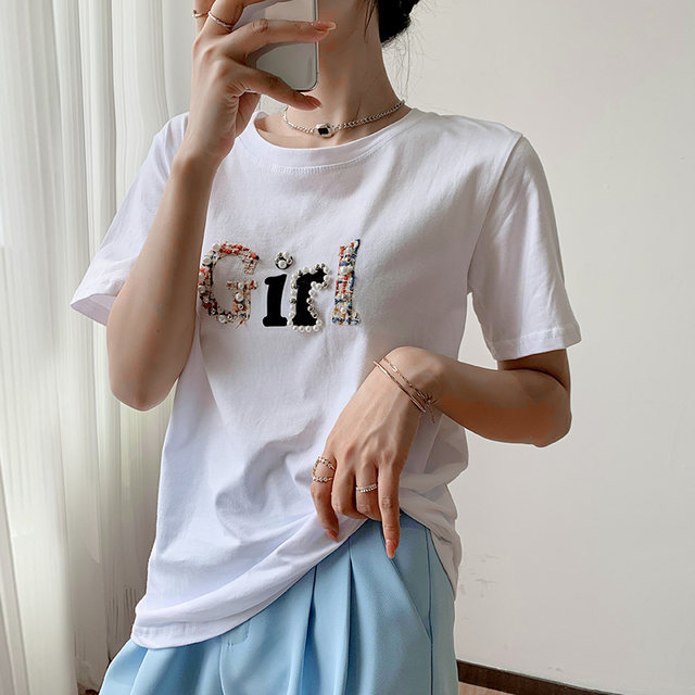 Short-sleeved women's summer new heavy industry beaded t-shirt top bottoming shirt white loose Korean version of the wild half-sleeved T-shirt